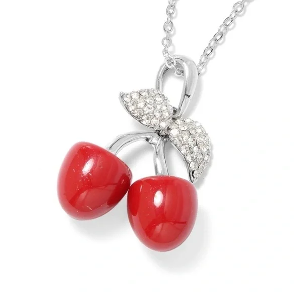 Cherry Pendant Necklace Red Austrian Crystal Rhinestone Silvertone 29” Coquette - Picture 5 of 8